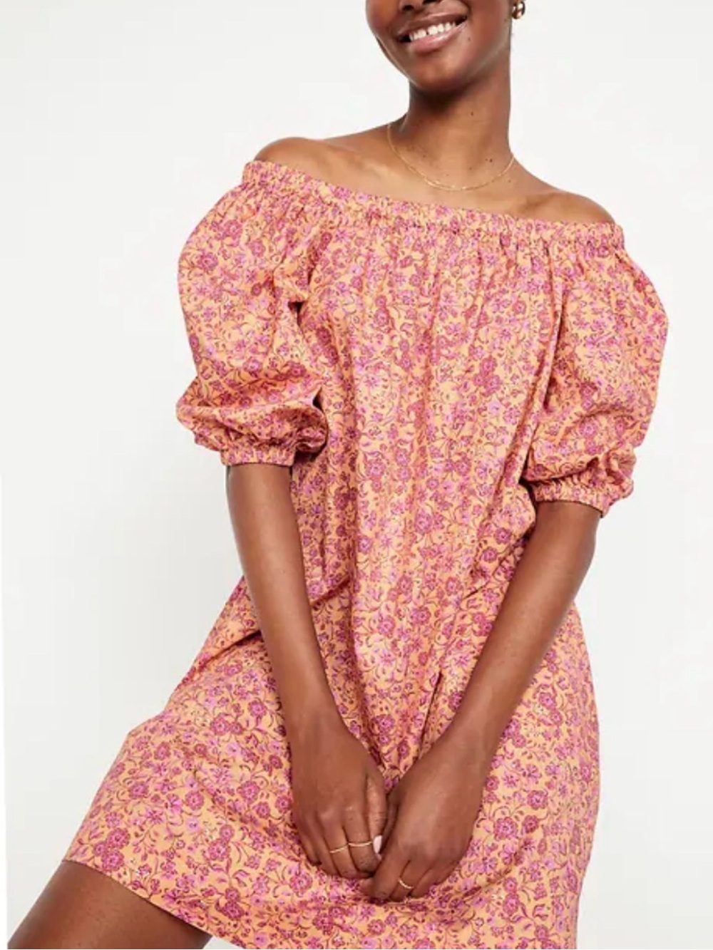 Old Navy Pink and Orange Floral Swing Mini Off The Shoulder Puff-Sleeve Dress Sm